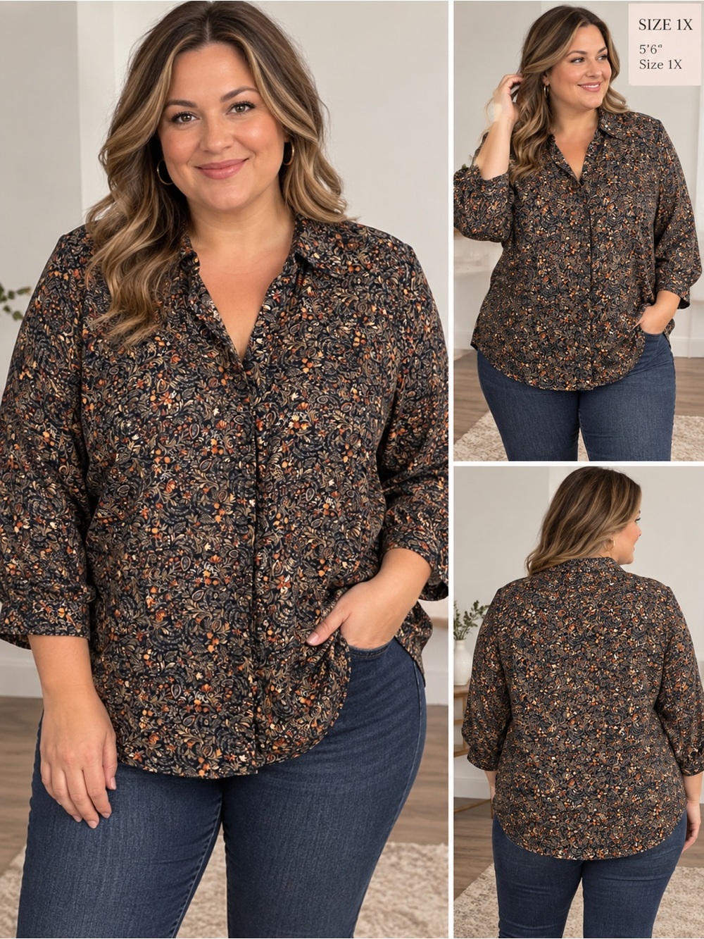 Croft & Barrow Plus Size Tailored Button Front Shirt White Rust Leaf Pile